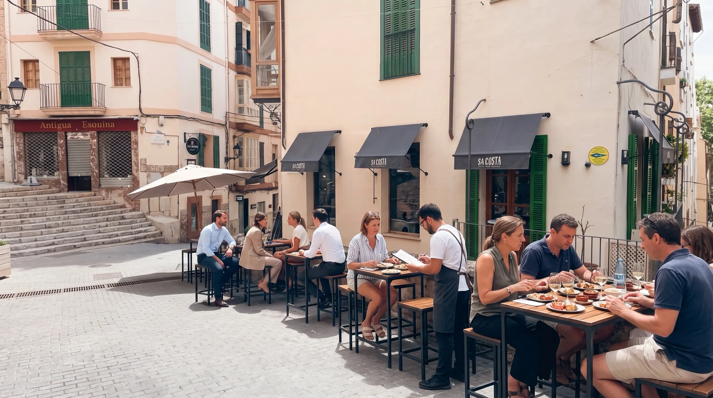 Terraza de Sa Costa en la calle Costa de Sa Pols, con clientes comiendo bajo los toldos