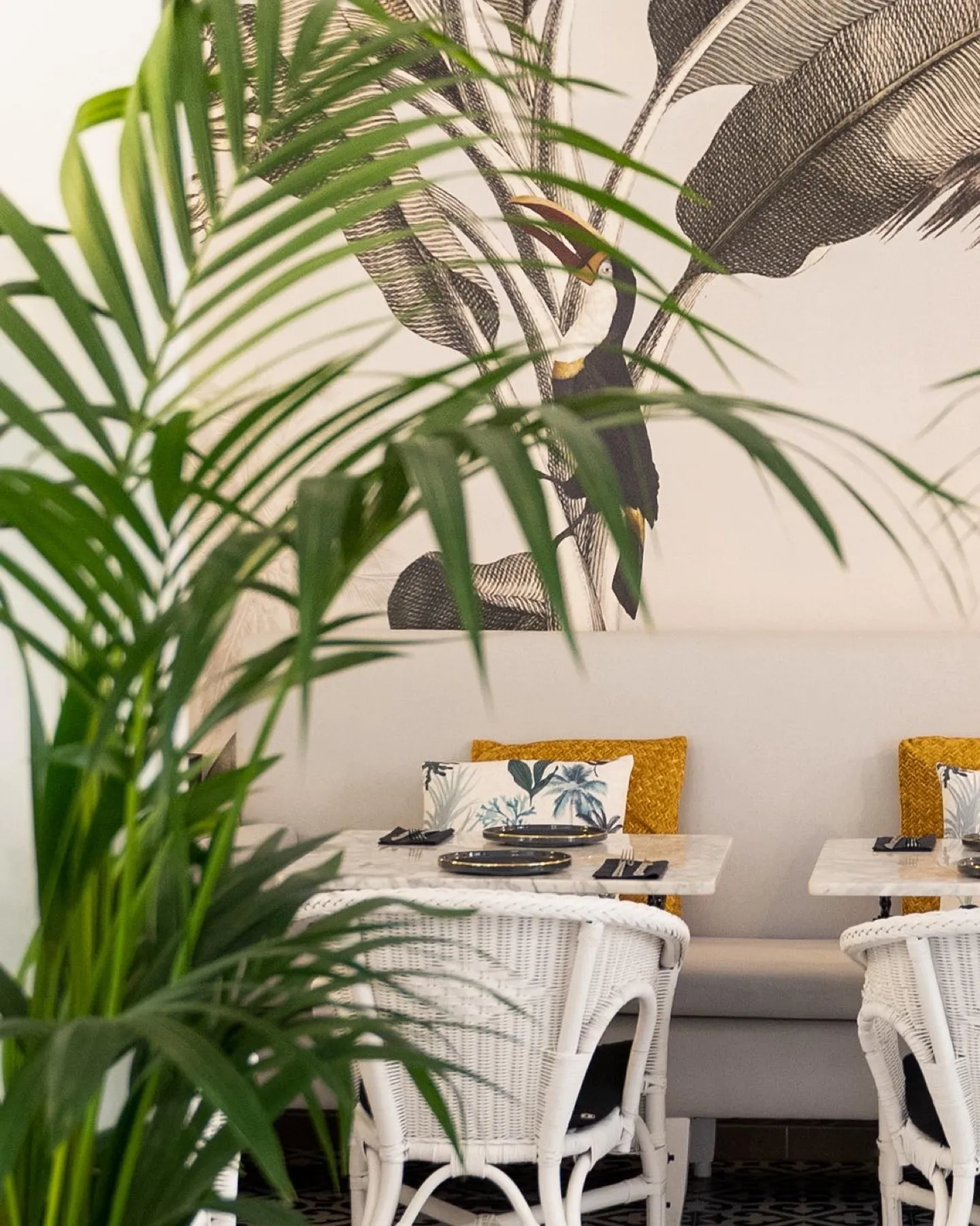 Comedor con plantas y papel pintado de palmeras